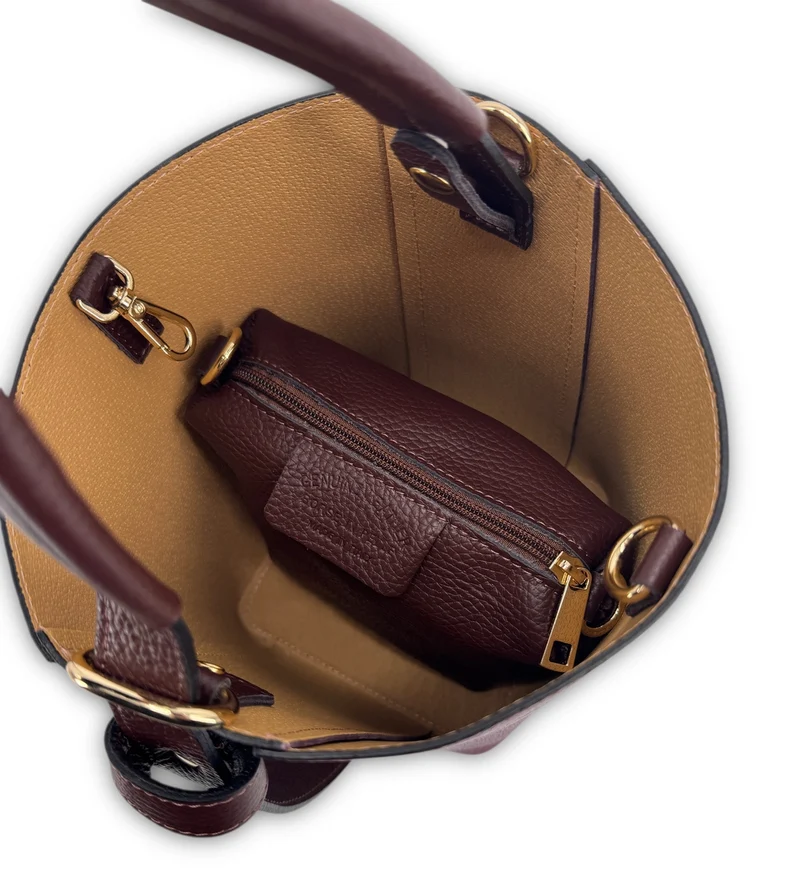 Sac seau et pochette en cuir grainé BIRDIE Marron chocolat et Bordeaux