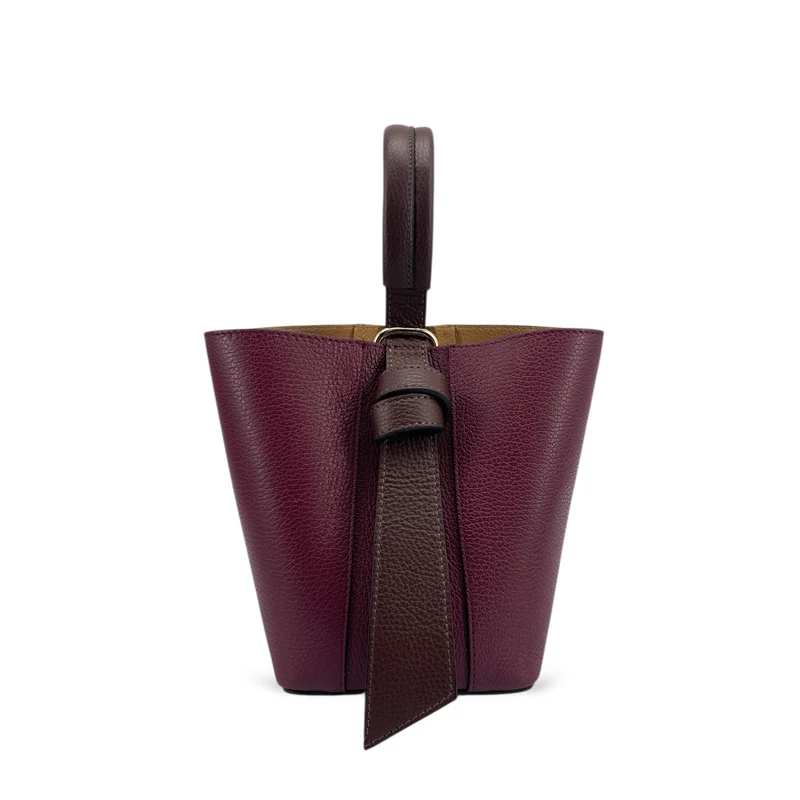 Sac seau et pochette en cuir grainé BIRDIE Marron chocolat et Bordeaux