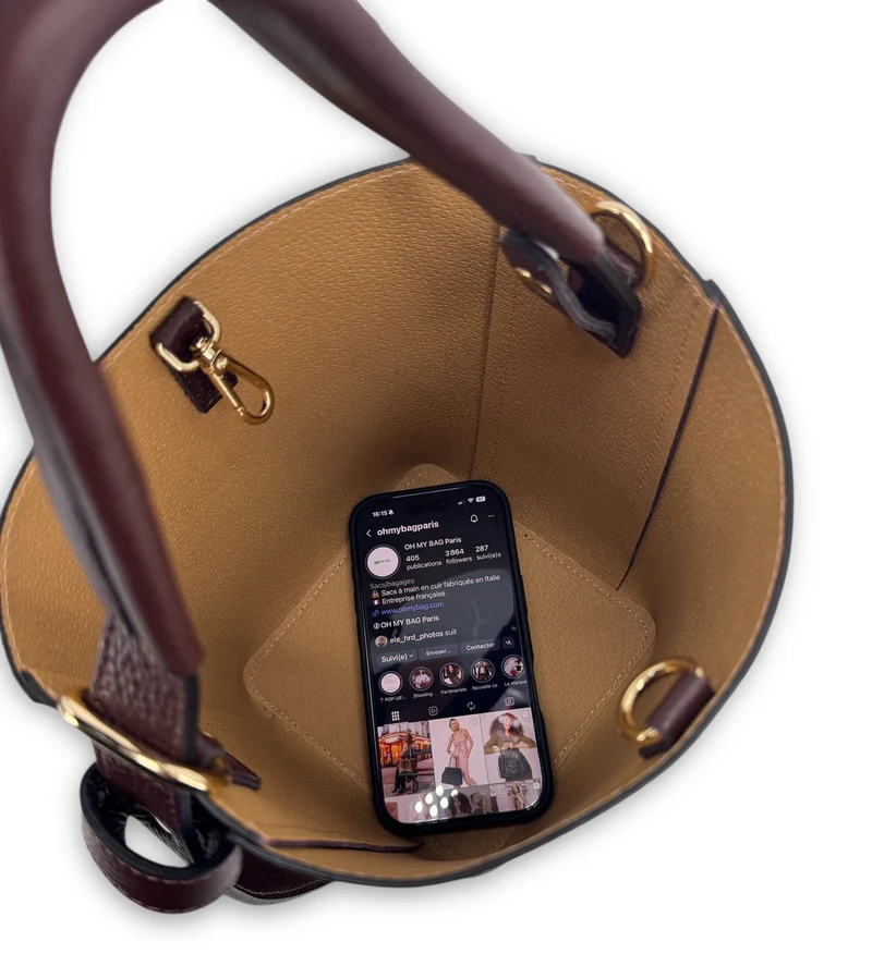 Sac seau et pochette en cuir grainé BIRDIE Marron chocolat et Bordeaux