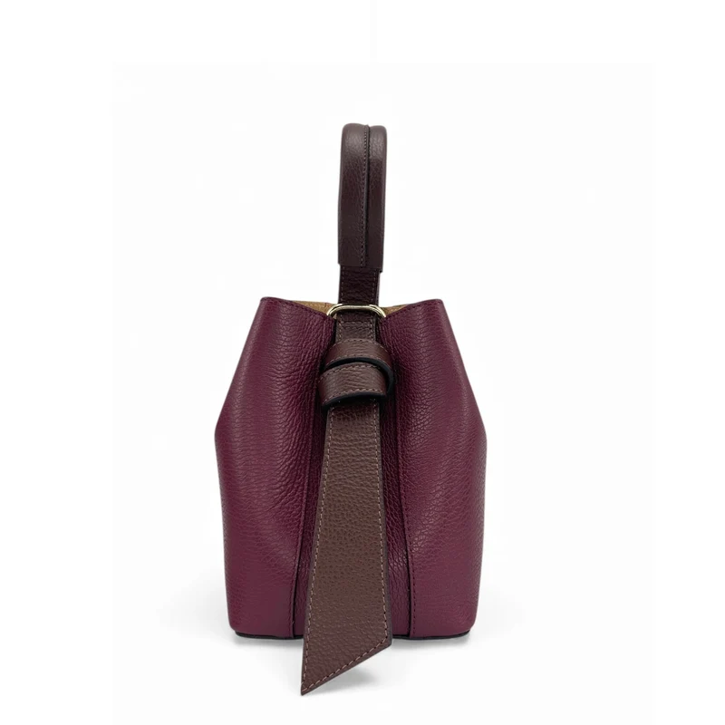 Sac seau et pochette en cuir grainé BIRDIE Marron chocolat et Bordeaux