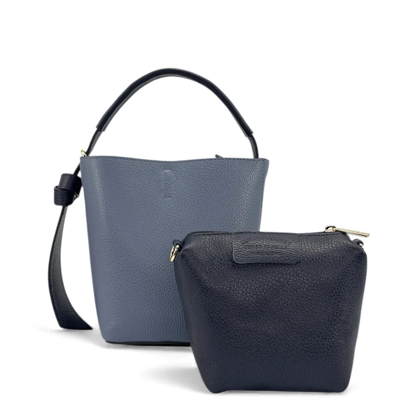 Sac seau et pochette en cuir grainé BIRDIE Bleu marine et bleu glacier