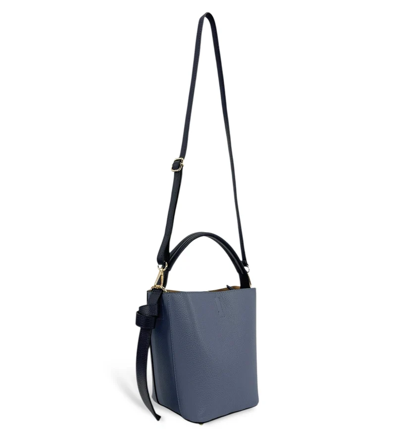 Sac seau et pochette en cuir grainé BIRDIE Bleu marine et bleu glacier