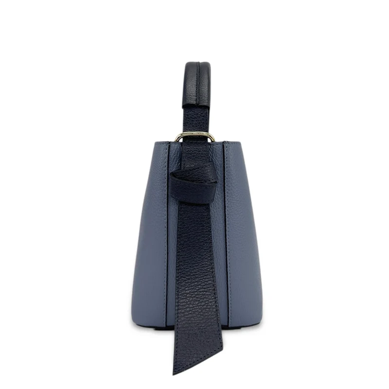 Sac seau et pochette en cuir grainé BIRDIE Bleu marine et bleu glacier