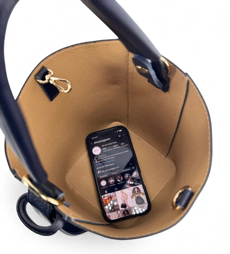 Sac seau et pochette en cuir grainé BIRDIE Bleu marine et bleu glacier