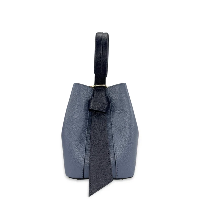 Sac seau et pochette en cuir grainé BIRDIE Bleu marine et bleu glacier