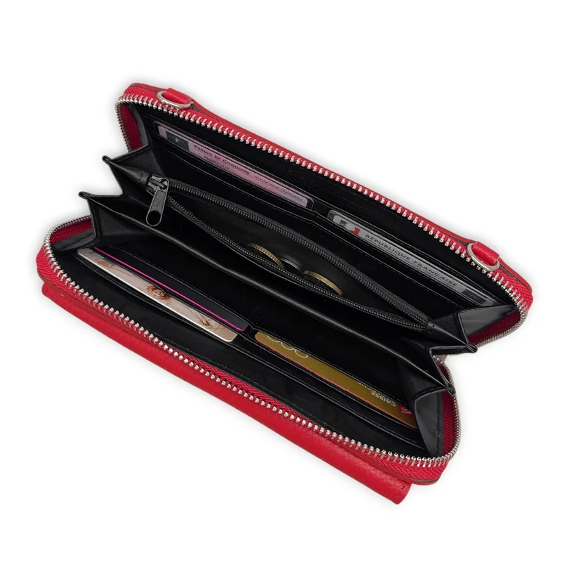 Sac portefeuille à bandoulière en cuir grainé CITY Rouge garance