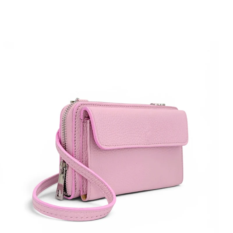 Sac portefeuille à bandoulière en cuir grainé CITY Rose pastel