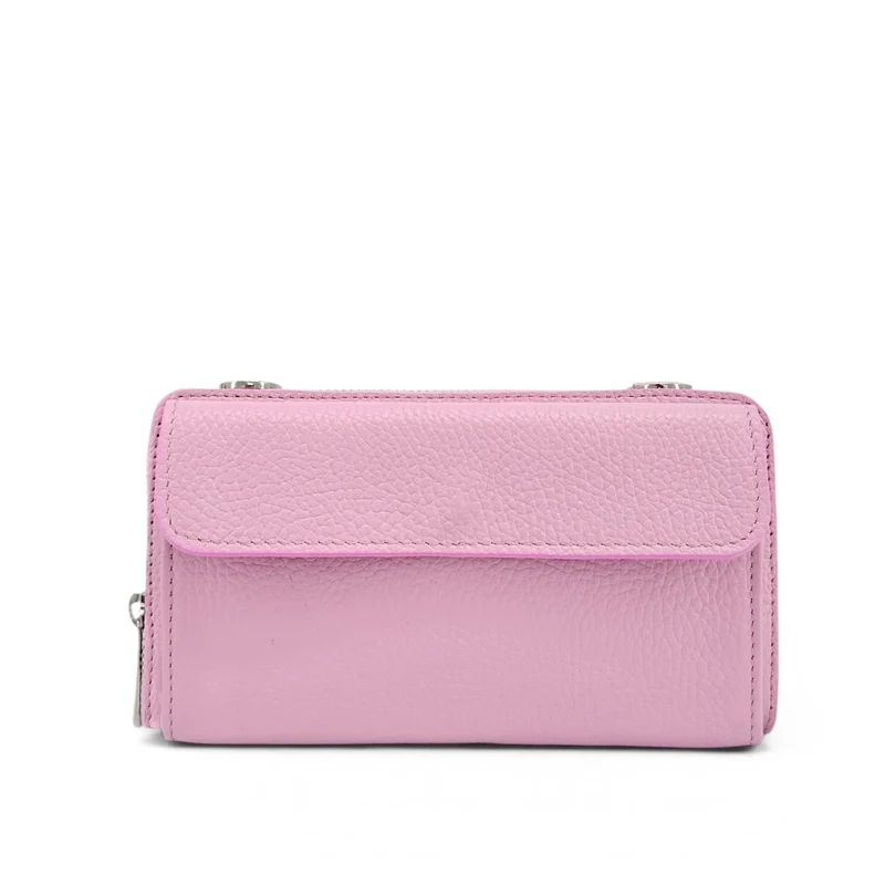 Sac portefeuille à bandoulière en cuir grainé CITY Rose pastel