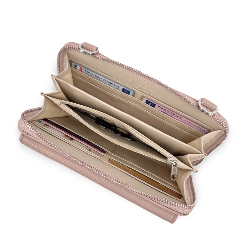 Sac portefeuille à bandoulière en cuir grainé CITY Rose nude
