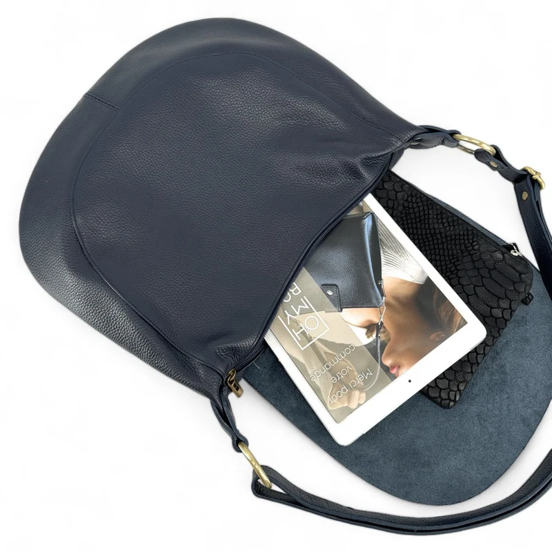 Sac besace à bandoulière en cuir grainé BIG CITIZEN Bleu marine
