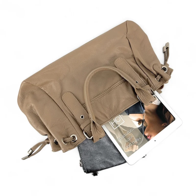 Sac bowling porté épaule en cuir grainé PRINCESSE Taupe