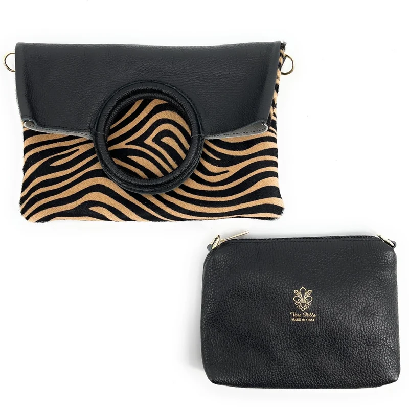 Sac pochette en cuir à motifs CHARLOTTE E.L. Zèbre camel