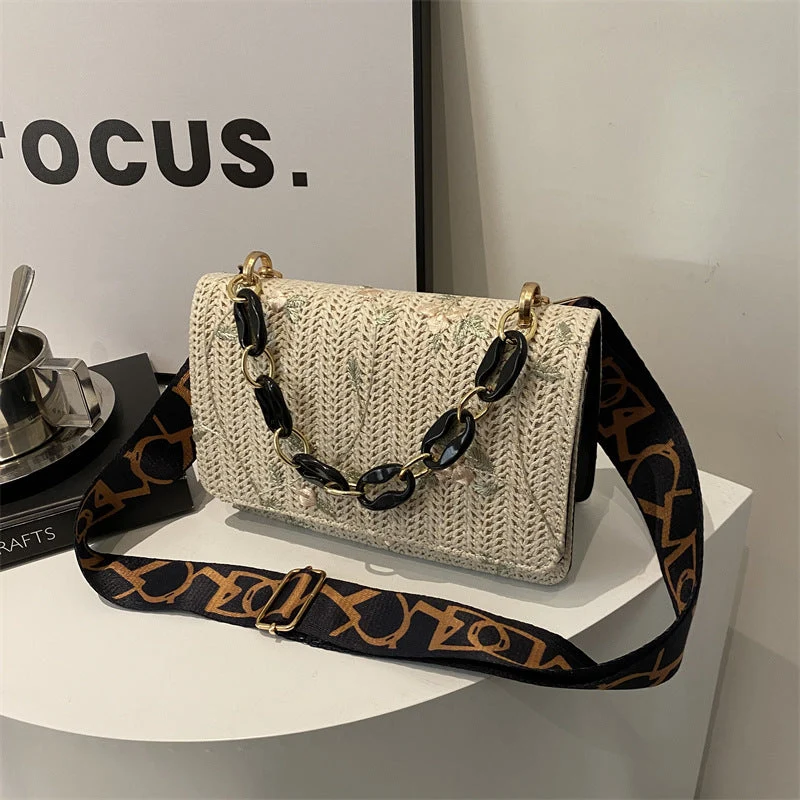 Women's Straw Small Square Crossbody Bag with Acrylic Chain