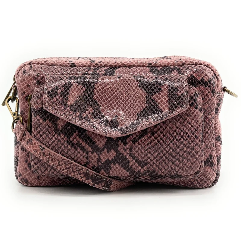 Sac à main trotteur en cuir embossé verni OURASI Serpent rose