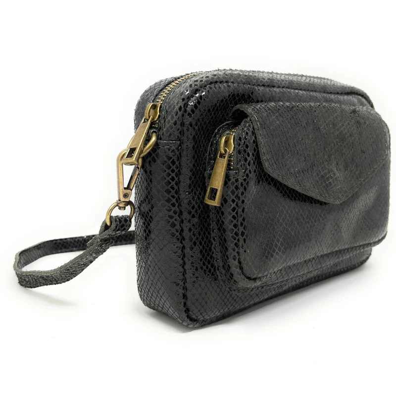 Sac à main trotteur en cuir embossé verni OURASI Kaki
