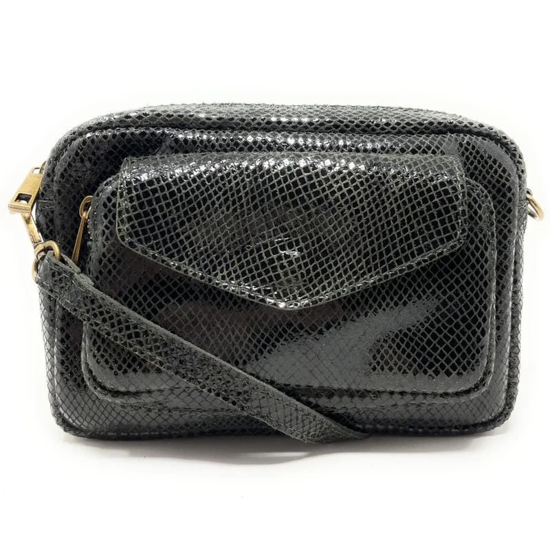 Sac à main trotteur en cuir embossé verni OURASI Kaki