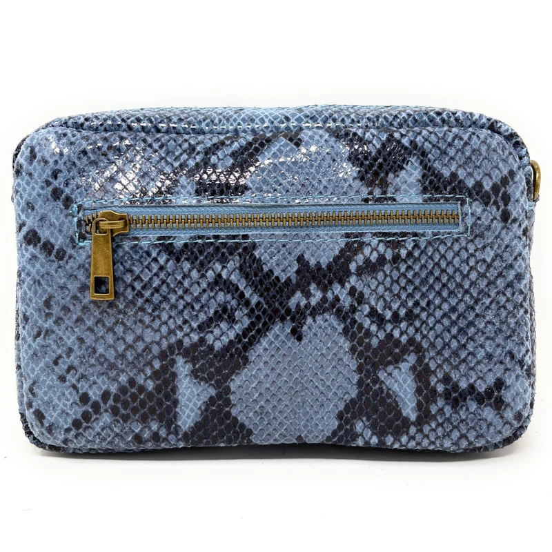 Sac à main trotteur en cuir embossé verni OURASI Serpent bleu ciel