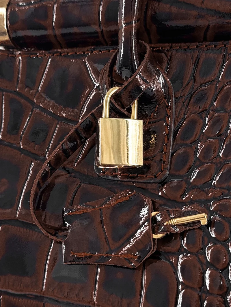 Sac bowling en cuir à motif crocodile TROCADERO CROCO Marron chocolat