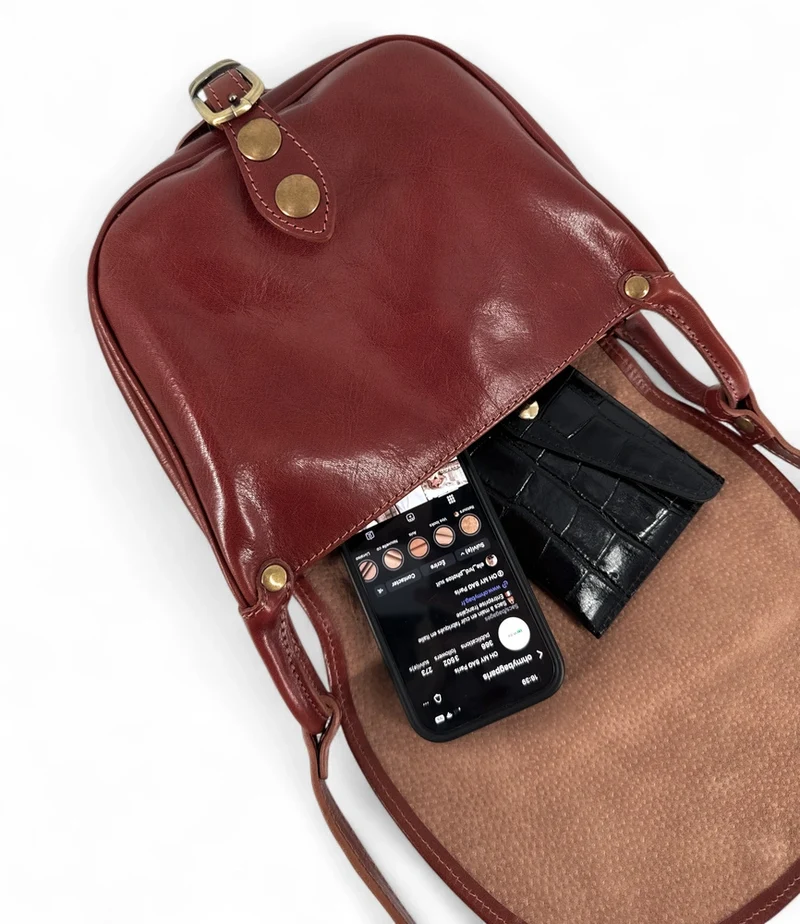 Sac bandoulière en cuir lisse LITTLE VERLAINE Châtaigne