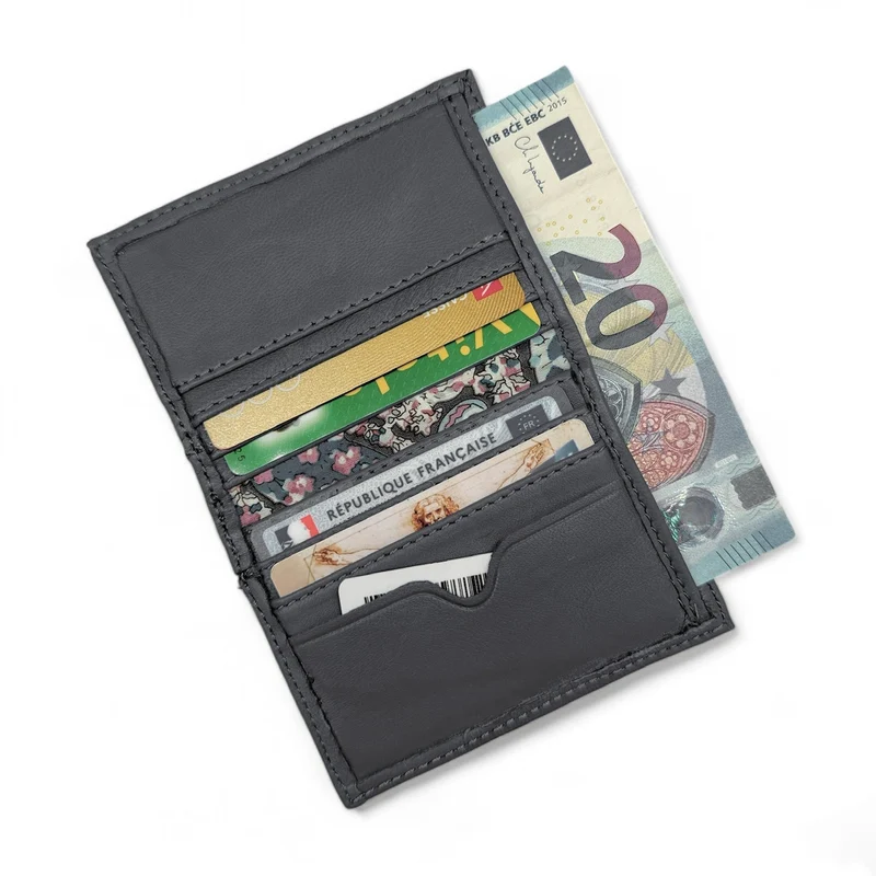 Porte-cartes en cuir lisse IMPRESSION Gris ardoise
