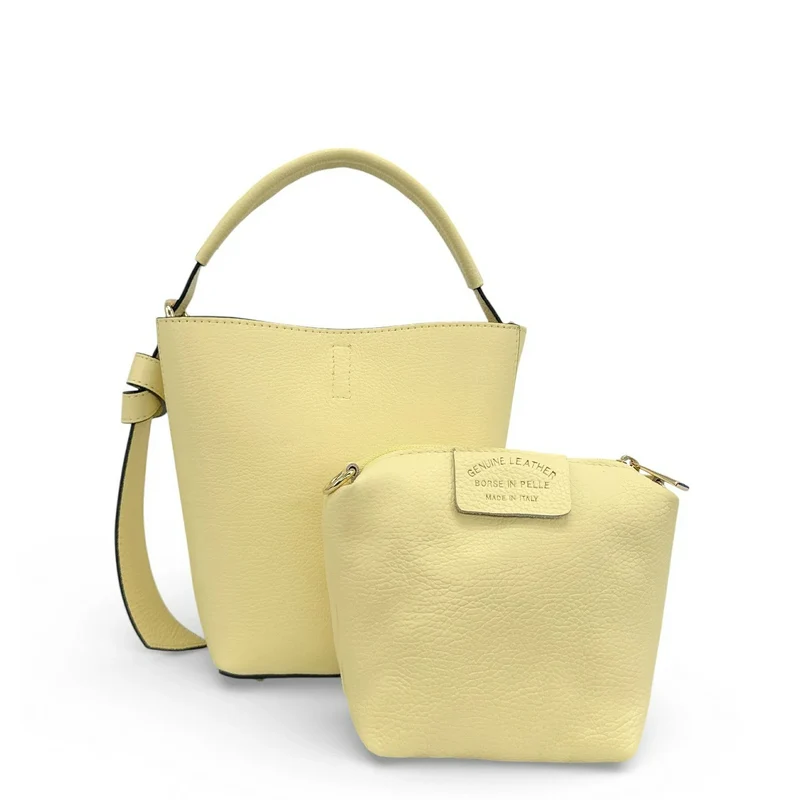 Sac seau et pochette en cuir grainé BIRDIE Soft jaune