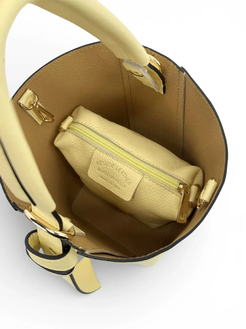 Sac seau et pochette en cuir grainé BIRDIE Soft jaune