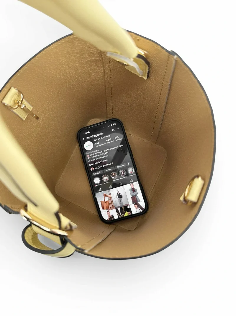 Sac seau et pochette en cuir grainé BIRDIE Soft jaune