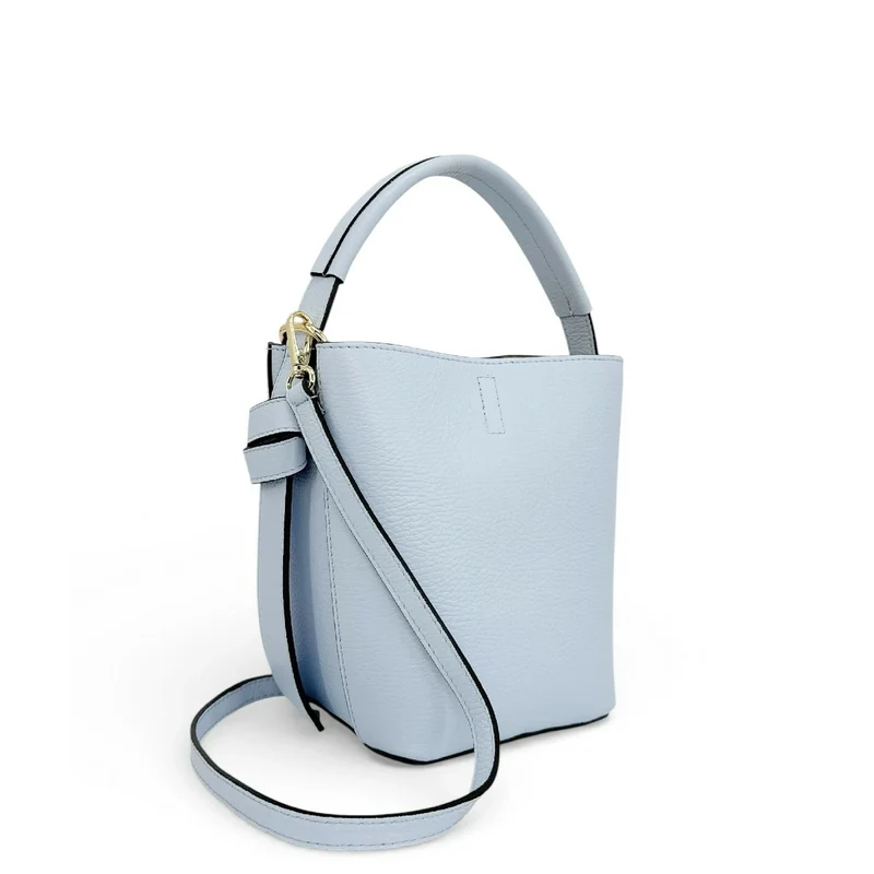 Sac seau et pochette en cuir grainé BIRDIE Bleu pastel