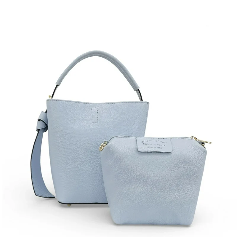 Sac seau et pochette en cuir grainé BIRDIE Bleu pastel