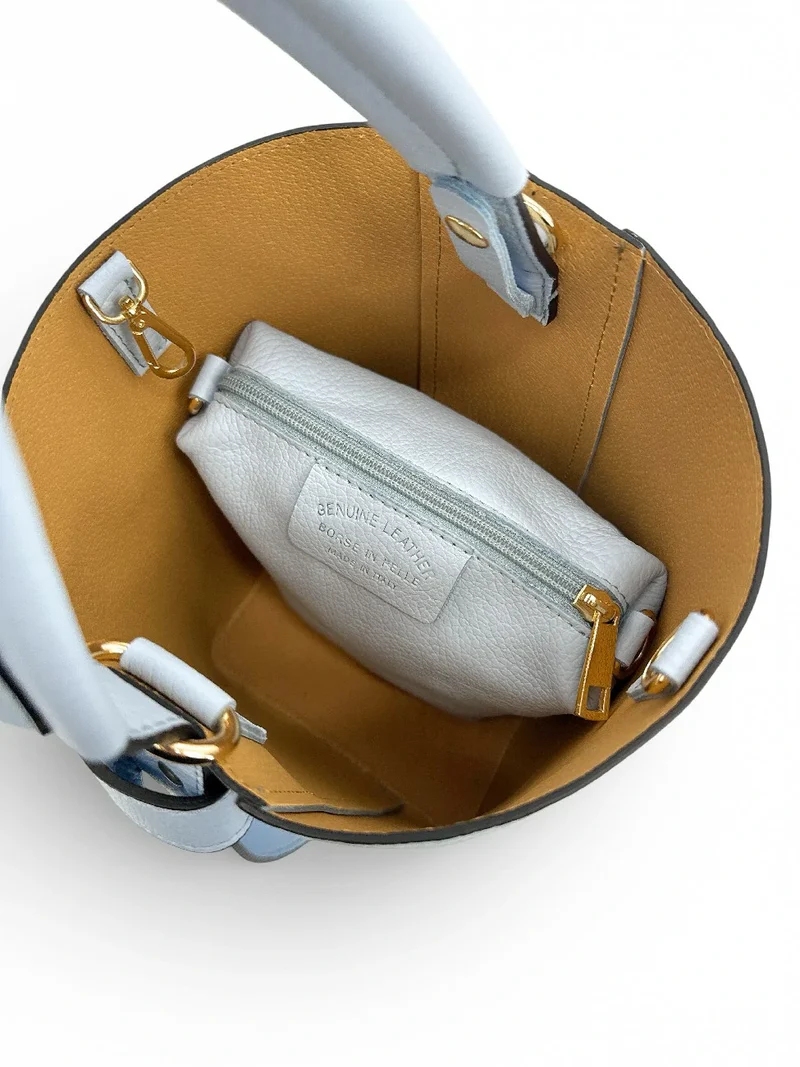 Sac seau et pochette en cuir grainé BIRDIE Bleu pastel