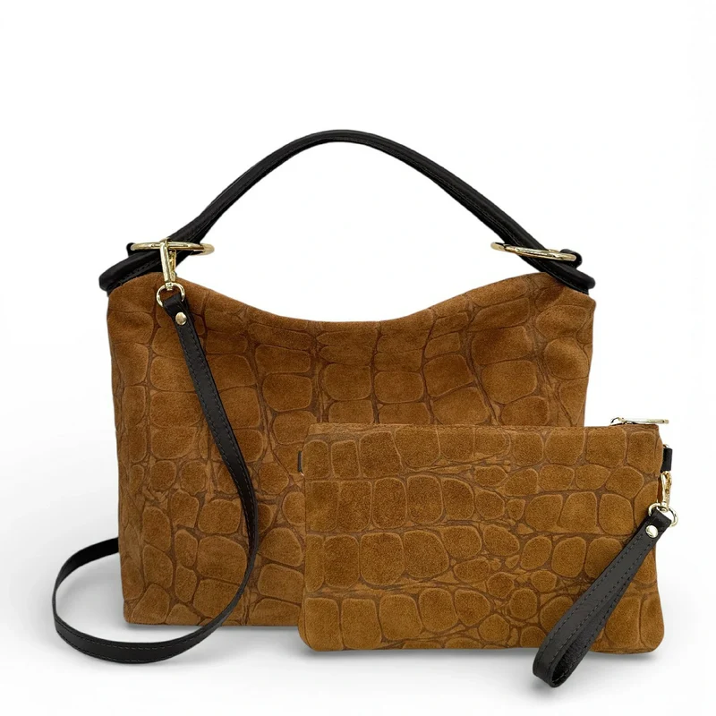 Sac pochette en daim embossé crocodile MAXINE Marron camel foncé
