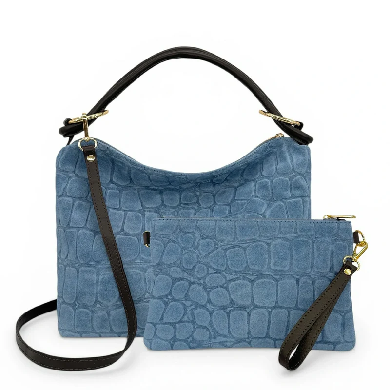 Sac pochette en daim embossé crocodile MAXINE Bleu denim