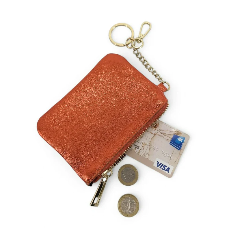 Porte-monnaie porte-clés en cuir irisé POCKET GLOW Orange