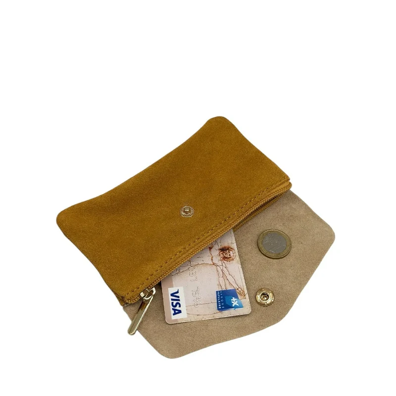 Pochette porte-monnaie en daim et cuir irisé COMBI Camel clair