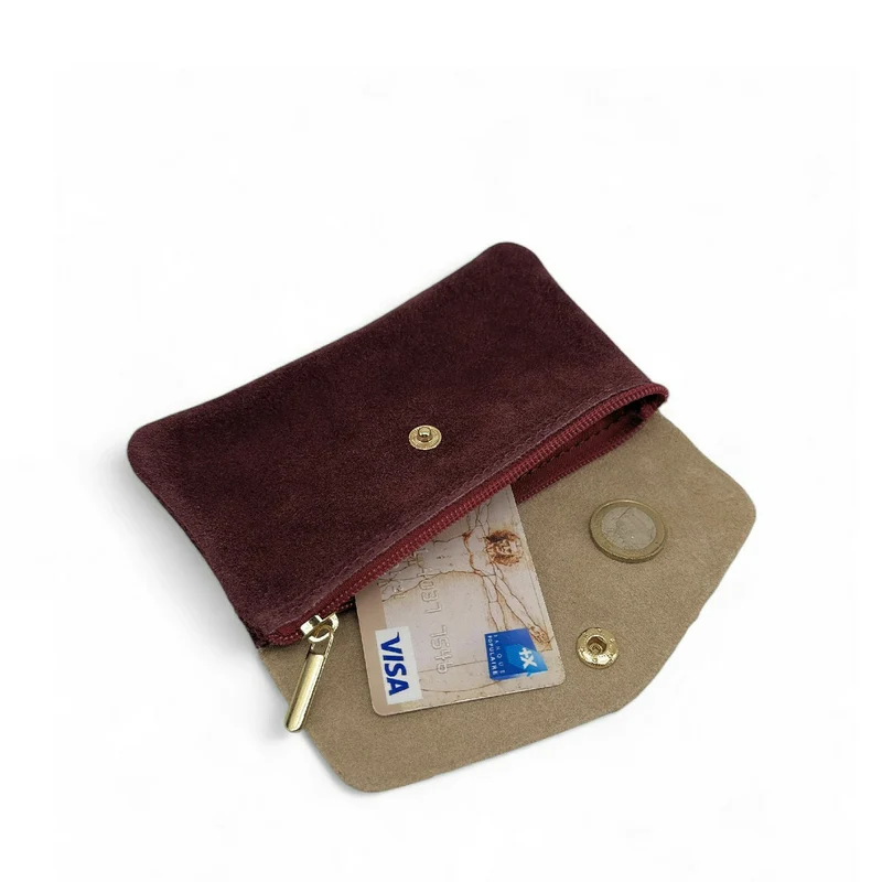 Pochette porte-monnaie en daim et cuir irisé COMBI Bordeaux