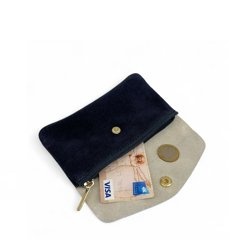 Pochette porte-monnaie en daim et cuir irisé COMBI Bleu marine