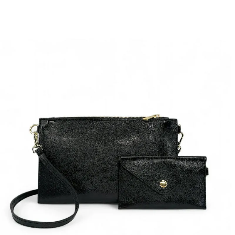 Ensemble sac pochette et porte-cartes en cuir irisé TWICE Noir irisé
