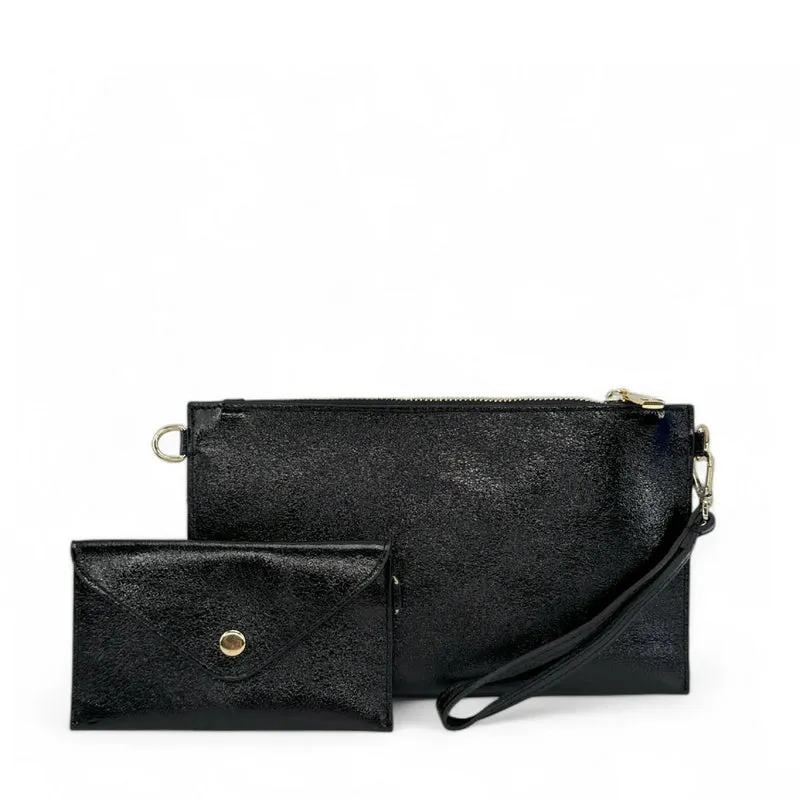 Ensemble sac pochette et porte-cartes en cuir irisé TWICE Noir irisé