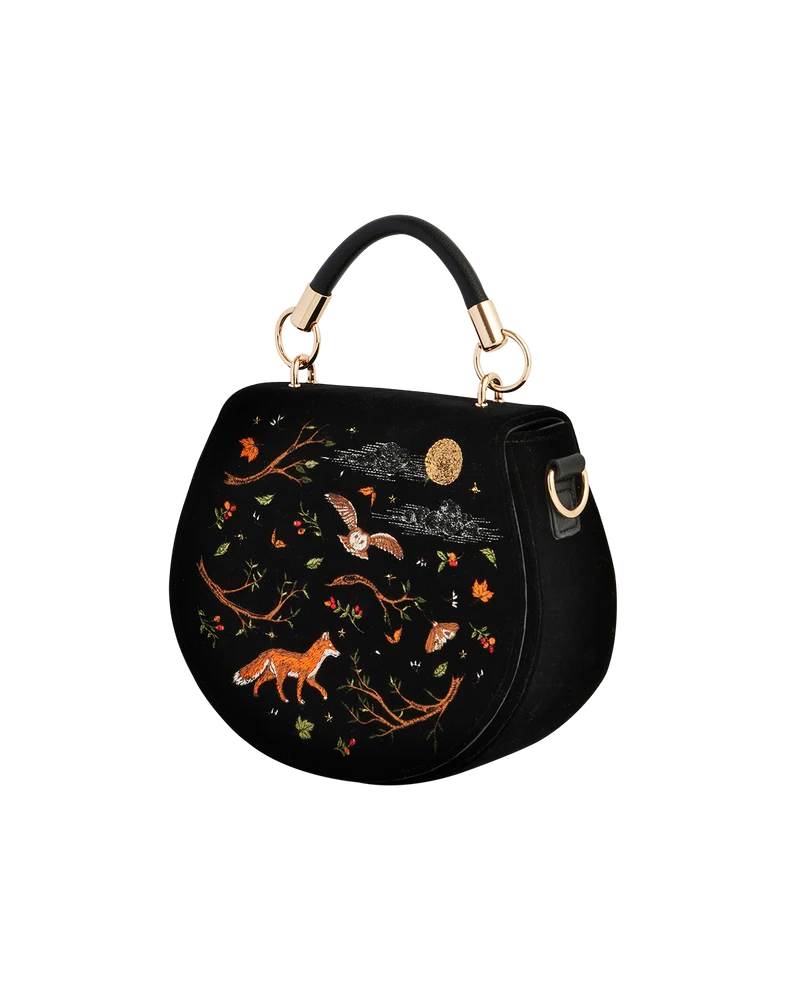 Black Fox & Owl Embroidered Top Handle Saddle Bag