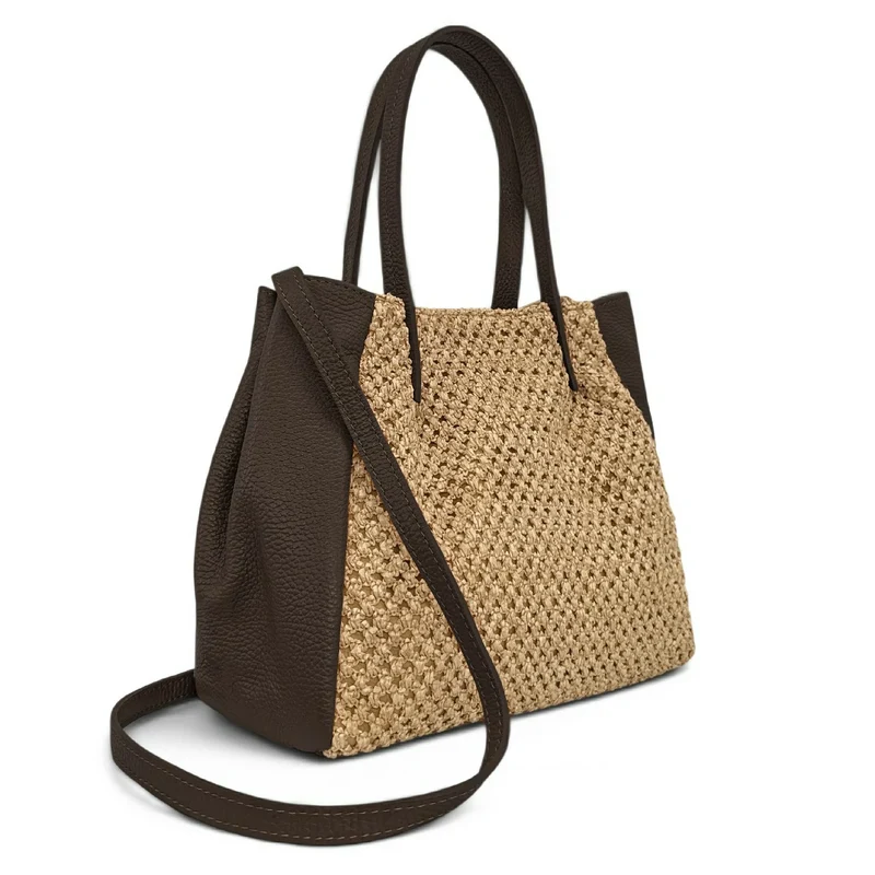 Sac cabas en cuir grainé et raphia OXANE Marron cacao