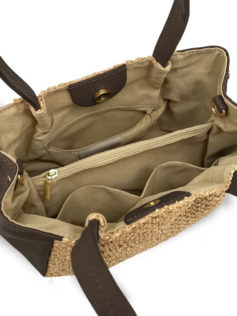 Sac cabas en cuir grainé et raphia OXANE Marron cacao