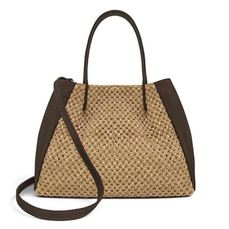 Sac cabas en cuir grainé et raphia OXANE Marron cacao