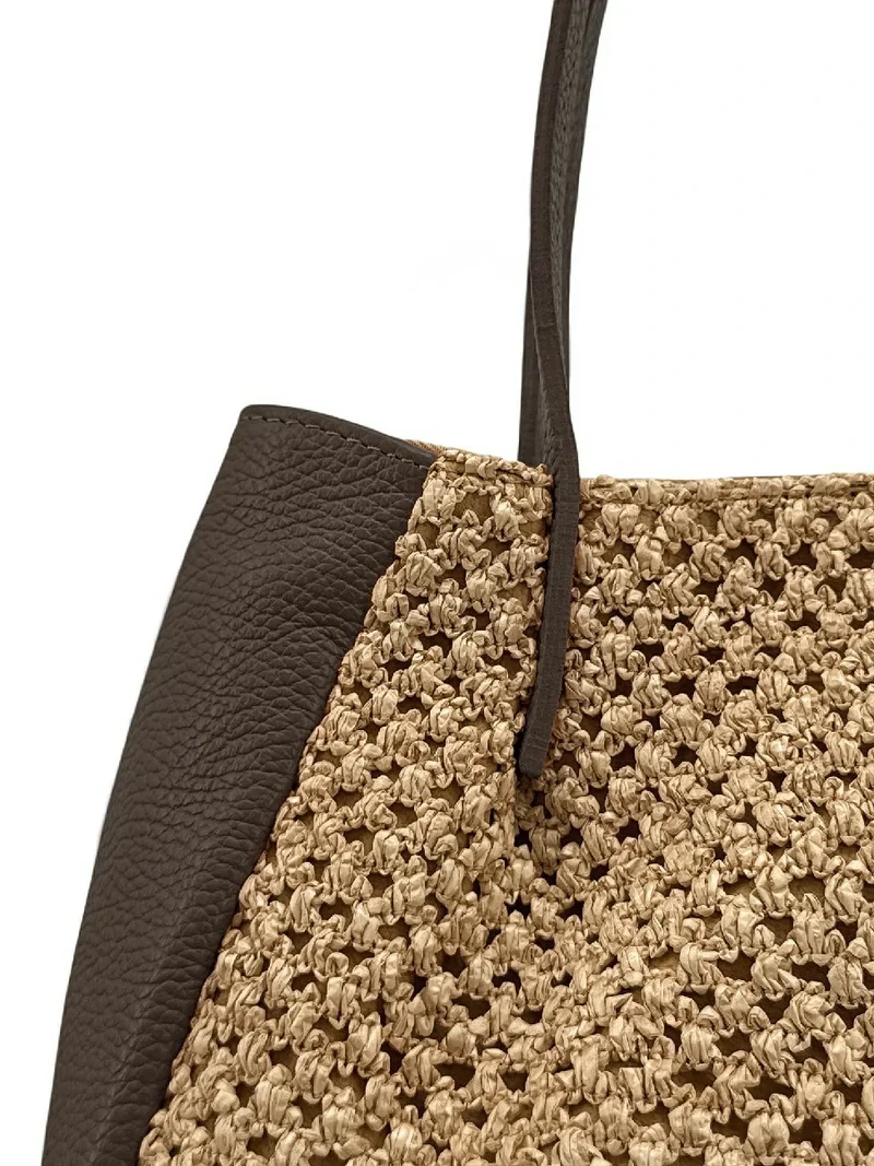 Sac cabas en cuir grainé et raphia OXANE Marron cacao