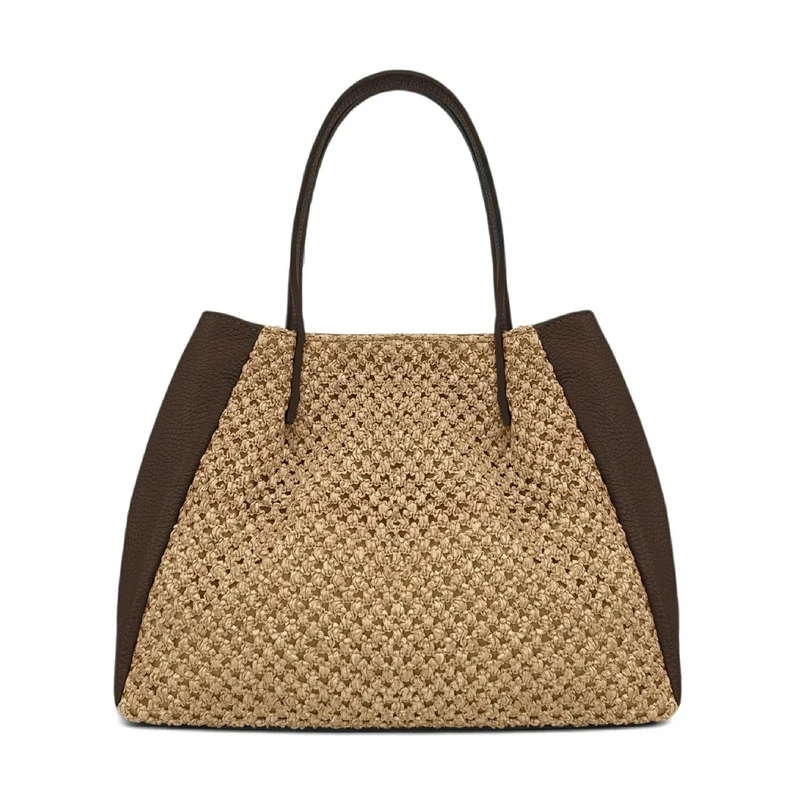 Sac cabas en cuir grainé et raphia OXANE Marron cacao