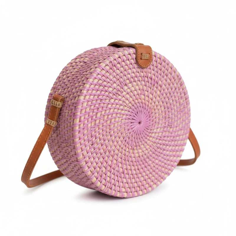 Round Rattan Purse - Pink