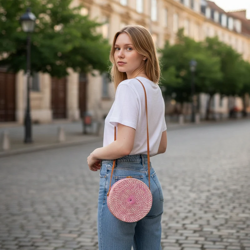 Round Rattan Purse - Pink