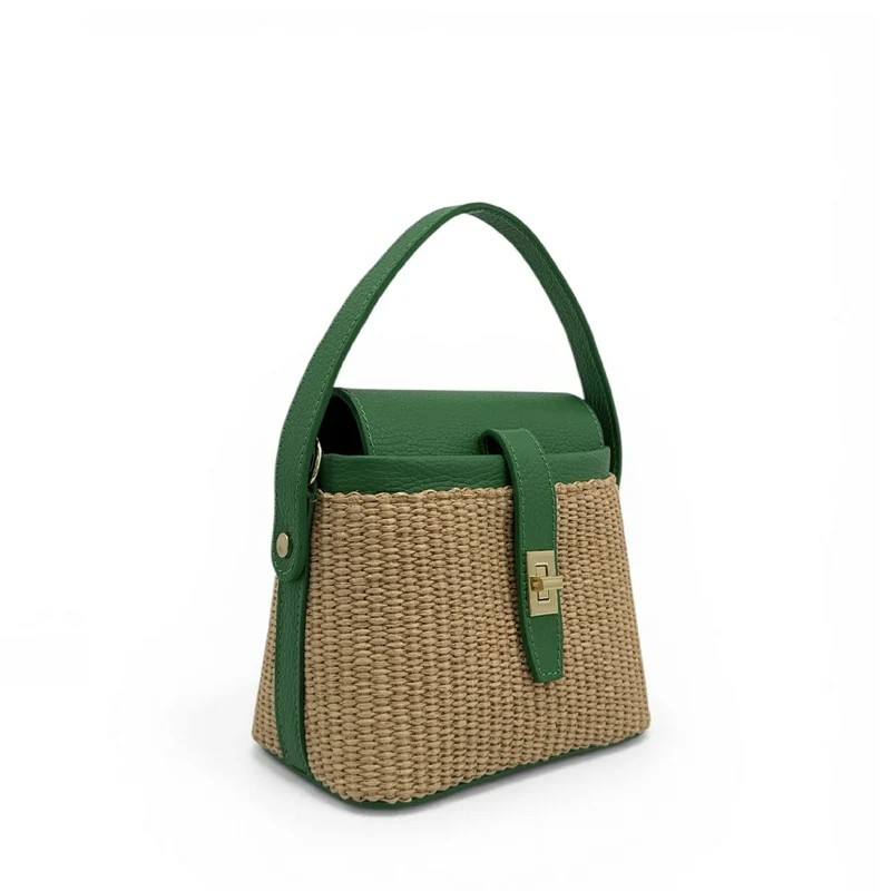 Mini-sac à main en cuir et raphia SIENNA Vert anglais