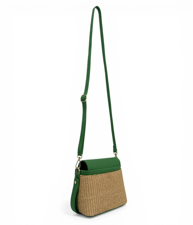 Mini-sac à main en cuir et raphia SIENNA Vert anglais
