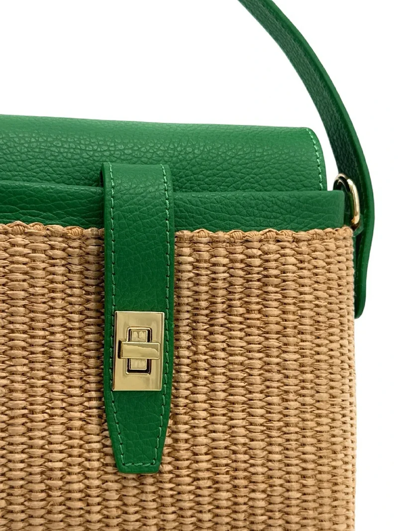 Mini-sac à main en cuir et raphia SIENNA Vert anglais