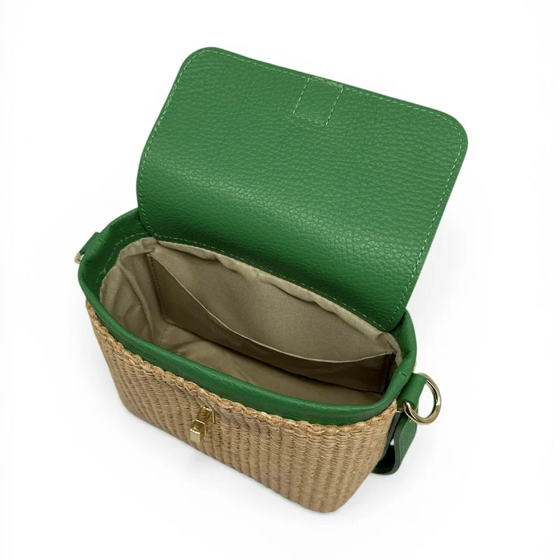 Mini-sac à main en cuir et raphia SIENNA Vert anglais